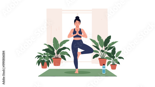 Peaceful young woman practicing yoga in a tree pose on a green mat in a bright living room surrounded by various green house plants.
