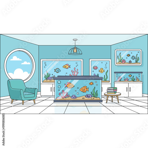 Cozy living room interior with multiple aquariums and armchair keywords: living room, interior