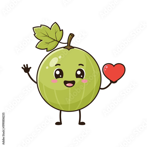 Adorable kawaii gooseberry character holding a red heart on white background keywords