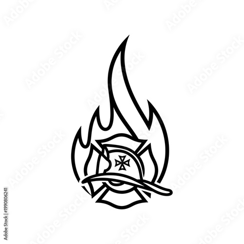 Firefighter Helmet and Flame Emblem Vector Illustration