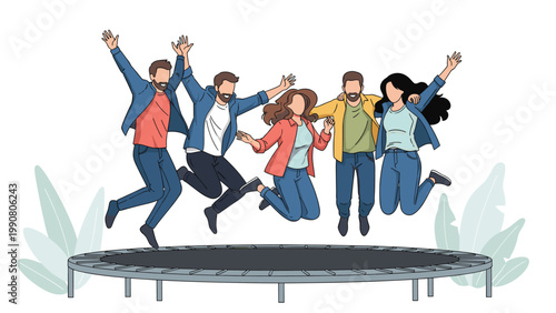 Diverse group of happy young friends jumping and having fun on a large trampoline together outdoors.