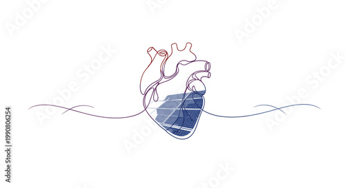 An anatomical heart outline filled with a realistic solar panel texture rests in a clean white environment featuring thin lines and a vibrant color gradient.
