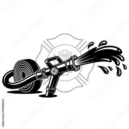 Firefighter Hose and Nozzle Spraying Water Graphic Illustration