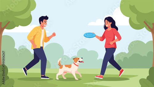 Young couple playing frisbee with their happy dog in a green park during a sunny day for outdoor recreation and fun.