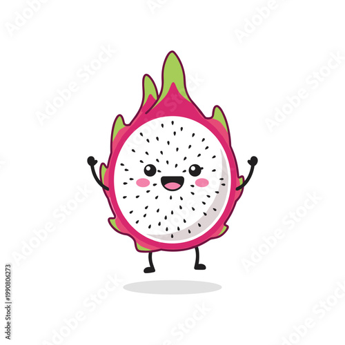 Cute kawaii dragon fruit character with arms raised in excitement keywords: dragon fruit, kawaii