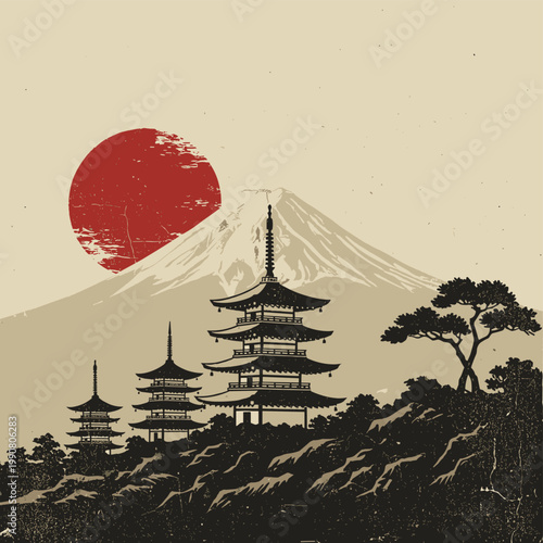 Japanese landscape with pagodas, mount fuji, and sun in vintage style