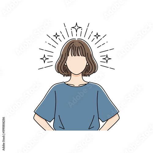 Woman with short bob haircut and sparkles above head, clean keywords: woman, female, person