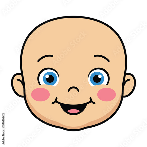 Smiling baby face cartoon character with blue eyes and rosy cheeks