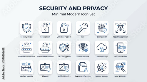 A set of modern icons representing various security and privacy concepts including protection, technology, and communication on a minimal design