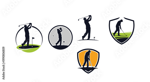 Set of golf-themed logos featuring silhouettes of golfers in action within various shapes like circles and shields for sports clubs.