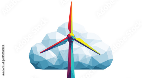 Single wind turbine constructed from vibrant colorful polygonal shapes stands prominently in front of a low-poly stylized cloud on a clean white background.