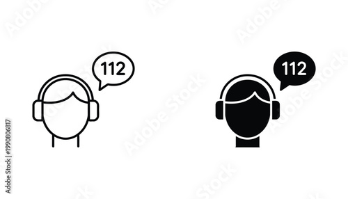 Emergency services call center vector illustration of person wearing headset with 112 emergency number notification in speech bubble