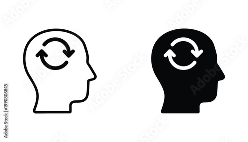 Mental health and cognitive processing icon set featuring human head profile with circular refresh arrow in line art and solid black glyph design for psychology and brain health
