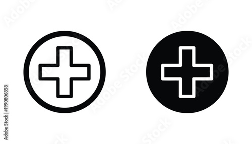 Medical plus sign icon set for hospital and healthcare services in simple circular line art and solid black glyph vector format for health apps and medical websites