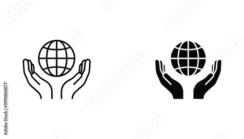 Global protection and earth safety icon set featuring human hands holding a globe in line art and solid black glyph vector format for environmental and humanitarian projects