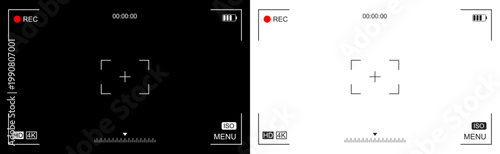 Photo or video camera viewfinder display screen frame, camera interface overlay shows information indicators, dark and light mode recording, zoom exposure