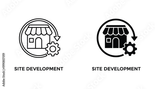 Site development store building icon with gear and refresh arrow for web store maintenance and e-commerce optimization