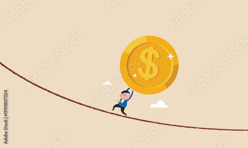 Businessman balancing large gold coin on tightrope, financial risk concept