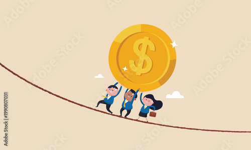 Business people struggling to balance a large coin on a tightrope