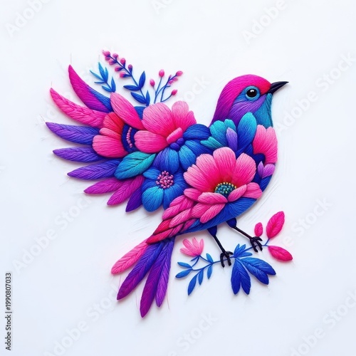 Colorful Floral Bird Decorative Illustration Bright Botanical Fantasy Artwork