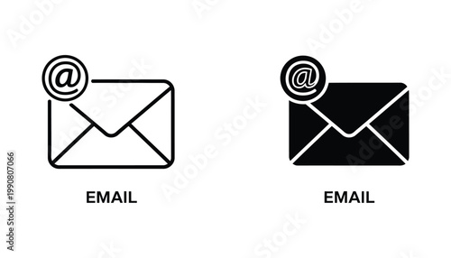Email communication envelope icons with at symbol in outline and solid black styles for digital interface design and web messaging apps