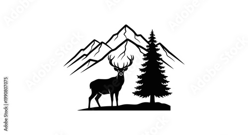 Deer standing near tree and mountain.