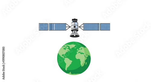 A sophisticated satellite orbits high above a stylized green earth globe with expansive solar panels extending from its polished metallic main structure.