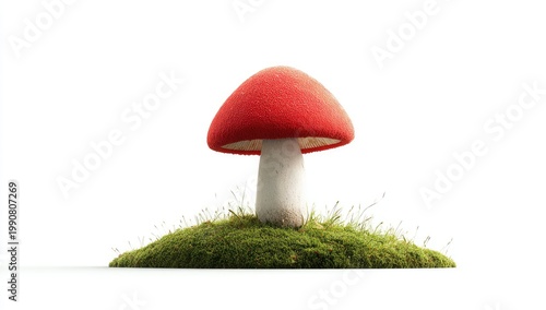A vibrant red mushroom stands tall on a bed of lush green moss, isolated on white