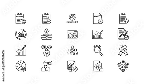 Productivity and work efficiency outline vector icon collection on white background