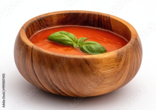 A vibrant tomato soup in a rustic wooden bowl, garnished with a fresh basil leaf