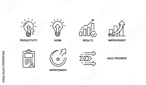 Modern work efficiency line icon set for productivity and performance UI design on white
