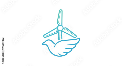 A gradient blue line art icon features a wind turbine blade integrated with the elegant shape of a dove in flight for a clean and modern visual style.