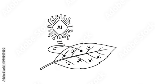A minimalist line-art illustration depicts a digital processor chip actively analyzing a diseased leaf through a thin connecting wire on white background.
