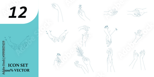 Hands Line Art Icon Set, Elegant Gesture Outline Collection