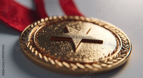 Close-up of a gold medal with a star and red ribbon, celebrating achievement