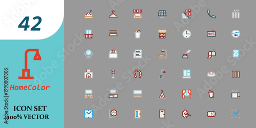 Colorful Home Interior and Household Flat Icons Set: Modern Furniture and Appliances Decor Symbols.