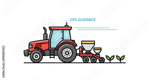 A bright red autonomous tractor pulls a seed planter across a fertile field while following a precise GPS guidance path in a clean, minimalist design.