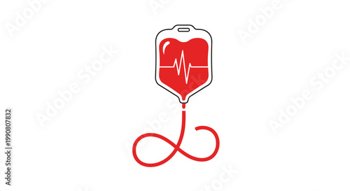 Blood donation bag with heart monitor pulse and infinity symbol tubing representing life-saving medical care and health.