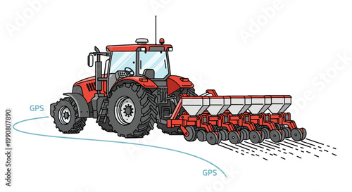 A red autonomous tractor with a wide multi-hopper planter follows a curved GPS route while leaving distinct planting lines in a clean, minimalist style.