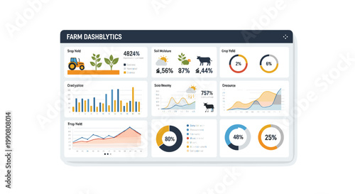 A detailed dark-themed dashboard interface presents various analytical charts, graphs, and icons tracking farm yields and soil metrics on light background.