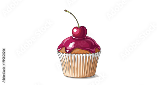 Delicious cupcake featuring dark purple glaze and a fresh cherry garnish on top isolated against a white background.