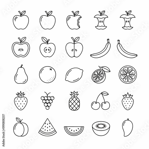 Collection of Fresh Fruit Icons Set Vector Illustration Freshly Picked Healthy Foods Apple Banana Strawberry Orange Grape
