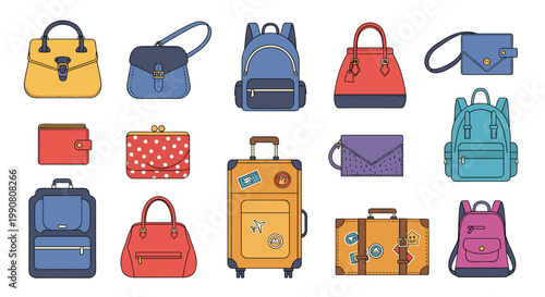 Comprehensive collection of bags including backpacks, stylish handbags, professional briefcases, and travel suitcases for different needs.