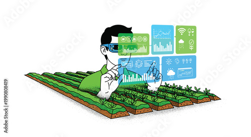 A dedicated farmer wearing advanced augmented reality glasses interacts with glowing holographic data panels above lush green fields in a stippled art style.