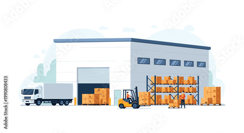 Logistics warehouse exterior with loading dock featuring a delivery truck, forklift operator, and storage racks with boxes.