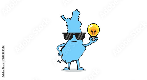 A blue cartoon character with sunglasses holding a lightbulb.