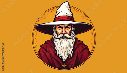 Illustration of a Wizard with a Pointed Hat and Beard.