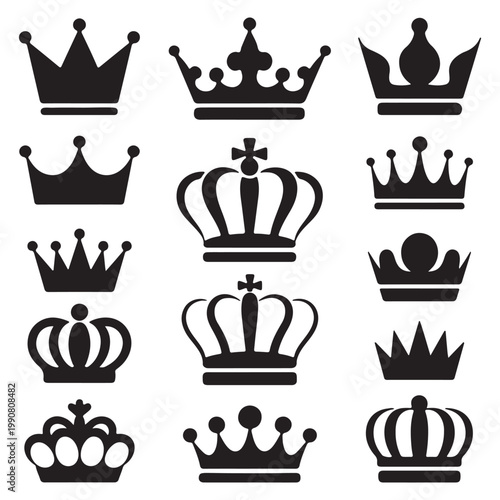 Collection of Royal Crown Silhouettes and Monarch Icons in Black and White