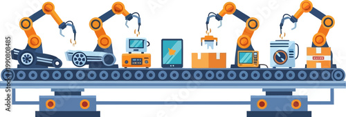 Industrial robots on assembly line.