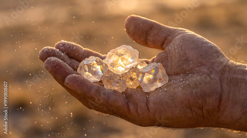 Hand holding rough diamonds sparkling in sunlight